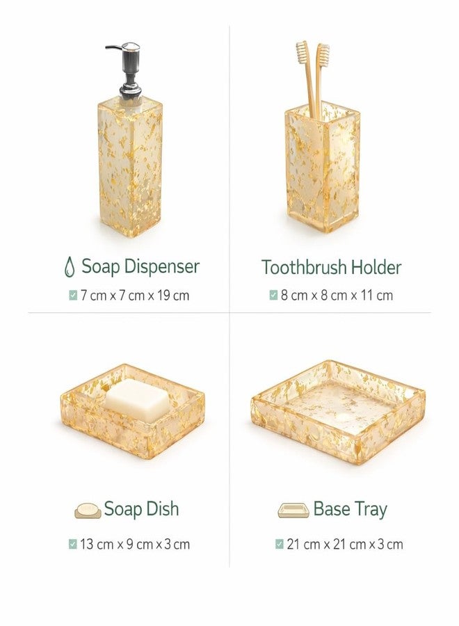 Green Decor Delux Resin Bathroom Accessories Set of 4 | Modern Bath Set with Tray, Liquid Soap Dispenser, Tooth Brush Holder & Soap Tray Luxury Gift Accessory Set with Stone Texture | Gold - Image 2